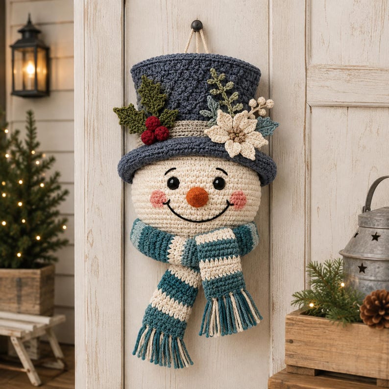 May include: A crocheted snowman wall hanging featuring a dark blue top hat adorned with green holly leaves, red berries, and a white poinsettia. The snowman has a round cream face, a carrot-colored nose, and a blue and white striped scarf with fringe.