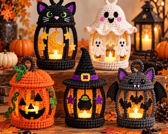 Halloween Crochet Lantern Pattern, Pumpkin Ghost Cat Witch Bat, Tea Light Holder Digital PDF
