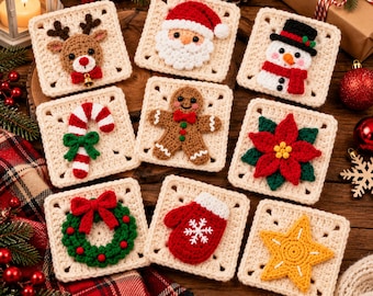 Christmas Granny Square Crochet Pattern Set, 9 Holiday Afghan Blocks, Santa Snowman  Reindeer Digital PDF