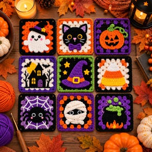 May include: A set of nine square crochet patches featuring Halloween motifs including a ghost, black cat, pumpkin, haunted house, witch hat, candy corn, spider, mummy, and a bubbling cauldron, all arranged in a three-by-three grid pattern.