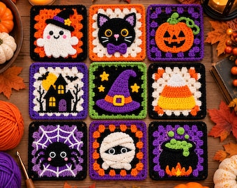 Halloween Granny Square Crochet Pattern Bundle, Ghost Pumpkin Witch Hat, 9 Spooky Motifs Instant Download