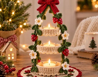 May include: A three-tiered crochet candle holder featuring a cream-colored base and frame adorned with green leaves, white flowers, and red strawberries. A large red crochet bow sits at the top, and three lit tea light candles rest on the tiers.