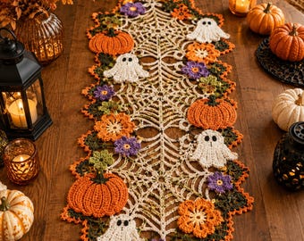 Halloween Crochet Table Runner Pattern, Ghost Pumpkin Spiderweb Lace Tutorial, Beginner Fall Home Decor
