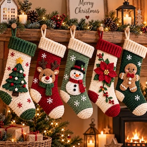 May include: Five crocheted Christmas stockings hanging in a row. The first is white with a green tree, the second is red with a reindeer, the third is green with a snowman, the fourth is white with a poinsettia, and the fifth is green with a gingerbread man.