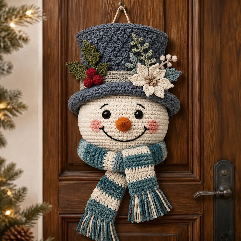 May include: A crocheted snowman wall hanging featuring a textured blue top hat adorned with green holly leaves, red berries, and a white poinsettia. The snowman has a cream-colored face, black eyes, a carrot-orange nose, and a striped blue and white scarf.