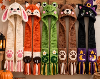 Crochet Animal Hooded Scarf Pattern, 5-in-1 Bunny, Fox, Frog, Bear, Cat (PDF)