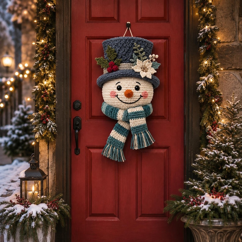 May include: A crocheted snowman door hanging featuring a blue top hat adorned with white flowers, green leaves, and red berries. The snowman has a round cream face, a small orange nose, pink cheeks, and a blue and white striped fringed scarf.
