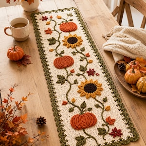 Puede incluir: Un camino de mesa rectangular de ganchillo en color crema con un borde festoneado verde oscuro. El diseño presenta un patrón central de enredadera con tres calabazas naranjas, dos girasoles amarillos y varias hojas otoñales pequeñas.