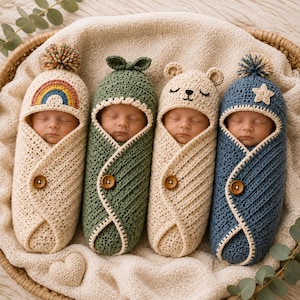 May include: Four infants wrapped in crocheted swaddles with hoods. The first is cream with a rainbow and pom-pom, the second is sage green with a bow, the third is cream with bear ears, and the fourth is blue with a star and pom-pom.