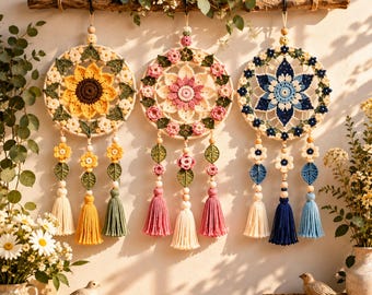 Floral Crochet Dreamcatcher Pattern, Flower Wall Hanging PDF, Boho Mandala Decor, Instant Download