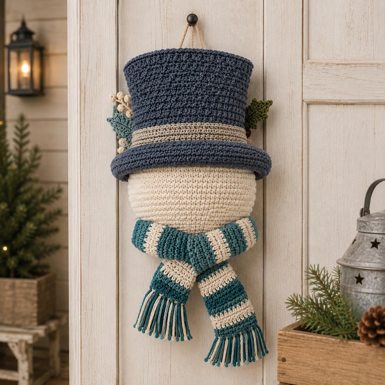 May include: A crocheted snowman wall hanging featuring a dark blue top hat with a light tan band, a cream-colored round head, and a teal and cream striped scarf with fringed ends. Decorative green leaves and small white berries accent the hat.