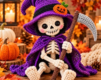 Grim Reaper Crochet Pattern PDF, Skeleton Witch Amigurumi, Halloween Scythe Doll, Digital Download