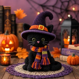May include: A black crocheted cat figurine wearing a purple witch hat with an orange band and a matching orange, purple, and yellow striped scarf. The cat has large green eyes, a small pink nose, and white whiskers, sitting on a round purple doily.