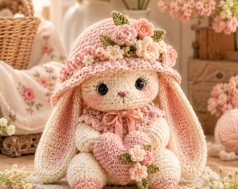 May include: A cream-colored crocheted rabbit doll wearing a wide-brimmed pink hat adorned with small crocheted flowers. The rabbit has long ears, large dark eyes, and holds a textured pink heart decorated with additional small crocheted flowers.