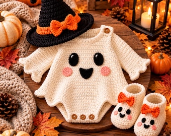 Crochet Baby Ghost Costume Pattern, Halloween Romper, Witch Hat & Booties PDF, Newborn Photo Prop