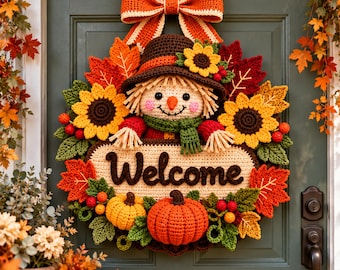 Crochet Scarecrow Wreath Pattern PDF, Fall Door Decor, Autumn Sunflower Wreath, Digital Download