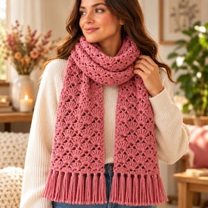 Può includere: Una sciarpa all'uncinetto color rosa antico caratterizzata da un motivo a ventaglio ripetuto e lunghe frange spesse lungo i bordi inferiori. La sciarpa è avvolta attorno al collo e scende sul davanti, mettendo in risalto la trama del lavoro.