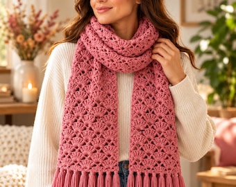 Crochet Scarf Pattern PDF, Shell Stitch Wrap, Fringe Tutorial, Easy Winter Accessory, Beginner DIY