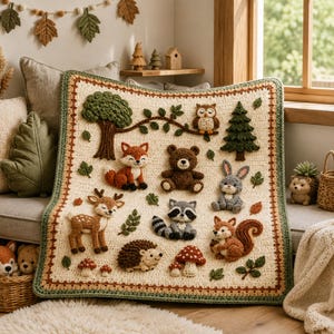 Può includere: Una coperta all'uncinetto color crema con applicazioni tridimensionali testurizzate raffiguranti una scena boschiva. Il design include un albero, un pino, un gufo, una volpe, un orso, un coniglio, un procione, un cervo, un riccio, uno scoiattolo e funghi.