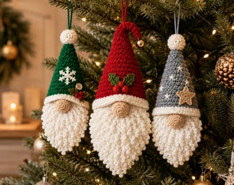 Christmas Gnome Hanging Ornament Crochet Pattern PDF, Set of 3 Holiday Decorations, Beginner Intermediate