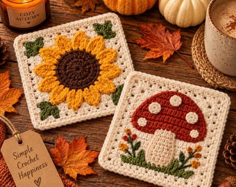 Sunflower & Mushroom Granny Square Crochet Pattern,  Beginner Friendly Floral Woodland Square, Instant Download