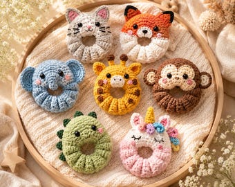 Crochet Animal Scrunchie Pattern Bundle PDF, Amigurumi Ring Toy, Baby Gift Tutorial, Instant Download
