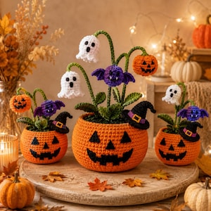 Op de afbeelding: Drie gehaakte pompoenvormige potten met planten in Halloween-thema. De planten bevatten witte spoken, paarse vleermuizen en oranje pompoenen op groene stengels, inclusief een kleine zwarte heksenhoed met een gele band.