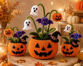 Halloween Crochet Pumpkin Pot Pattern, Ghost Bat Pumpkin Flower Bouquet PDF, Spooky Amigurumi Decor