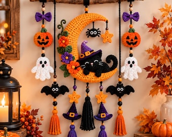 Halloween Crochet Wall Hanging Pattern, Crescent Moon Cat, Witch Ghost Pumpkin & Bat Decor PDF