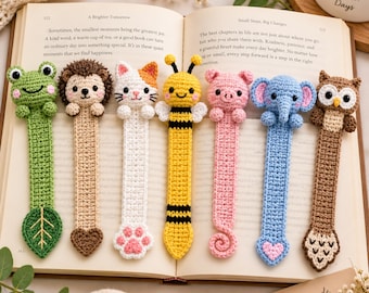 Crochet Animal Bookmark Pattern, Amigurumi Bookmarks PDF, Frog Hedgehog Cat Bee Pig Elephant Owl