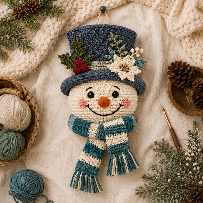 May include: A crocheted snowman wall hanging featuring a dark blue top hat adorned with green holly leaves, red berries, and a white poinsettia. The snowman has a round cream face, a carrot-colored nose, and a striped teal and cream fringed scarf.