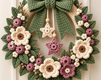 Crochet Floral Wreath Pattern PDF, Christmas Flower Bow Wreath, Holiday Home Decor, Digital Download