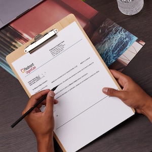 May include: A light-colored wooden clipboard with a silver metal clip holding a white document from Piedmont Urgent Care. The document features printed text, including the facility name, address, and phone number, with blank lines for patient information.