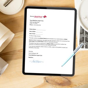 May include: A digital tablet displaying a Texas MedClinic Urgent Care medical excuse letter with a header, patient information fields, a formal body text regarding work or school absence, and a signature by Alexis Rodriguez, MD, with a light blue pen.