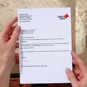 May include: A white medical note from Urgent Care with a red cross logo. It includes the address in Nashville, TN, patient details for Jordan Mitchel, a work or school absence period from 09/16/2026 to 09/21/2026, and an electronic signature by Dr. Emily Carter, MD.