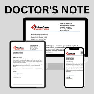 Może przedstawiać: Cyfrowy wyświetlacz szablonu zaświadczenia lekarskiego PrimeCare Urgent Care na monitorze komputera, tablecie i smartfonie. Dokument zawiera pola na imię i nazwisko pacjenta, datę urodzenia, datę wizyty oraz formalne zwolnienie lekarskie.