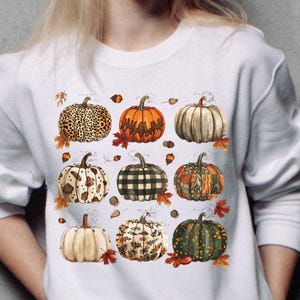 Op de afbeelding: Een wit sweatshirt met lange mouwen en een grafische print van negen pompoenen in een drie-bij-drie raster. De pompoenen hebben verschillende patronen, waaronder luipaardprint, zwart-wit ruitpatroon, koeienvlekken en herfstbladeren, geaccentueerd door kleine eikels.