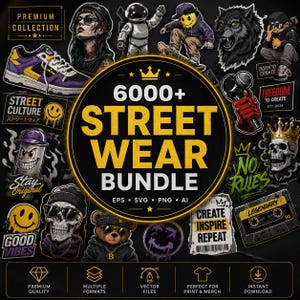 Peut inclure: Une collection graphique numérique comprenant plus de 6000 illustrations sur le thème du streetwear, avec un badge circulaire central portant le texte 6000+ STREET WEAR BUNDLE, entouré de divers autocollants comme des crânes, baskets et cassettes.