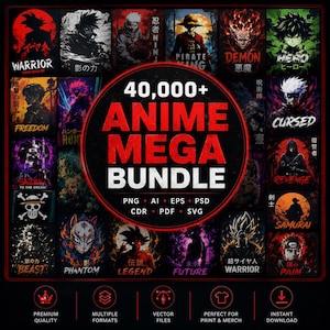 May include: A digital collection titled 40,000+ ANIME MEGA BUNDLE featuring a central red circle with white text, surrounded by a grid of various anime-style character illustrations in vibrant colors including red, black, green, and purple.
