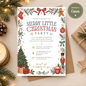 Merry Little Christmas Party Invitation Editable Canva Template, Nutcracker Gingerbread Hot Cocoa Holiday Invite, Red Green Printable 5x7