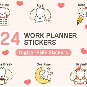 以下が含まれることがあります： 巻き毛の白い漫画の犬が描かれた24枚のデジタルPNGワークプランナーステッカーセット。ステッカーには、Deadline、Bye!、Note、Coffee Break、Overtime、Urgent!などのテキストラベルが含まれており、小さなピンクのハートで装飾されています。