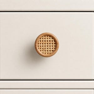 Rattan Round Wood Cabinet Knob, Natural Wooden Drawer Knob, Boho Dresser Knob, Woven Furniture Hardware, Cabinet Knob