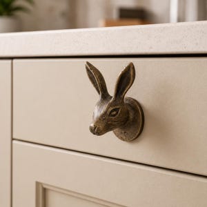 May include: A bronze-toned metal cabinet knob shaped like a rabbit head with long, upright ears. The rabbit head is mounted on a circular base and is attached to a light beige cabinet drawer front, featuring detailed facial features.