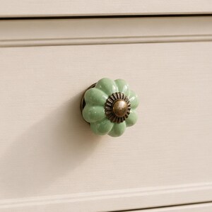 Light Green Scalloped Cabinet Knob, Ceramic Drawer Knob, Antique Gold Dresser Knob, Vintage Furniture Hardware, Knob
