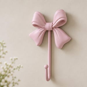 May include: A light pink wall hook featuring a three-dimensional bow design at the top. The hook has a smooth, matte finish and a curved metal-like structure extending downward from the center of the bow, ending in a small rounded tip.