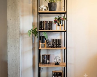 Industriële boekenkast, montage zonder gereedschap, afwerking in eikenhout, vrijstaande boekenkast