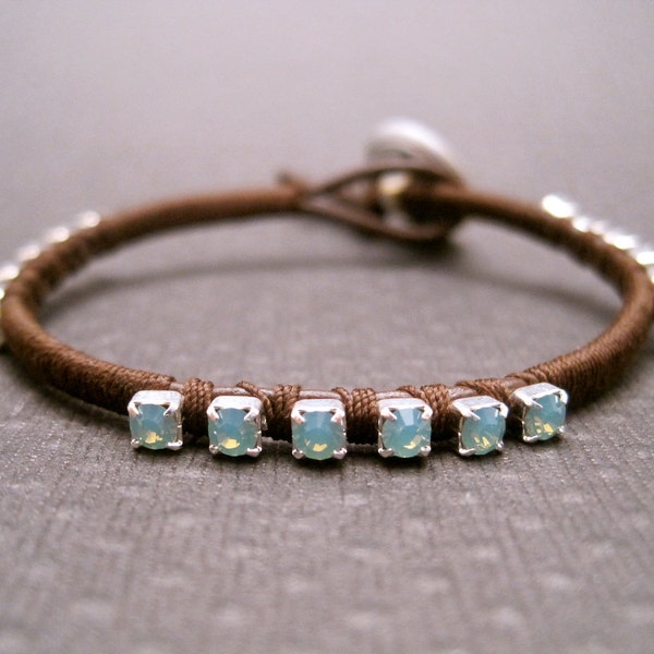 Chocolate Brown Leather and Pacific Opal Swarovski Crystal Single Stack Bracelet (Silver)