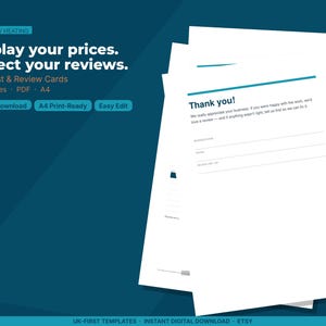 May include: A set of A4 digital templates for plumbers and heating professionals, featuring a price list and review cards. The white documents include text that reads Thank you! and provide lines for business name, phone, and review link.