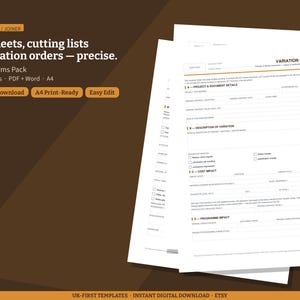 Carpenter Joiner Forms UK, Joinery Job Sheet Cutting List, Door Window Schedule, Variation Order, Fillable PDF + Word, Carpentry Forms