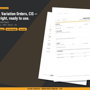 Puede incluir: Un conjunto de formularios comerciales A4 que incluyen plantillas RAMS y órdenes de variación. El texto dice: RAMS, Variation Orders, CIS – done right, ready to use. Trade Forms Pack, 3 templates, PDF + Word, A4. El documento presenta campos para detalles del proyecto, descripciones de cambios, impacto y firmas de acuerdo.